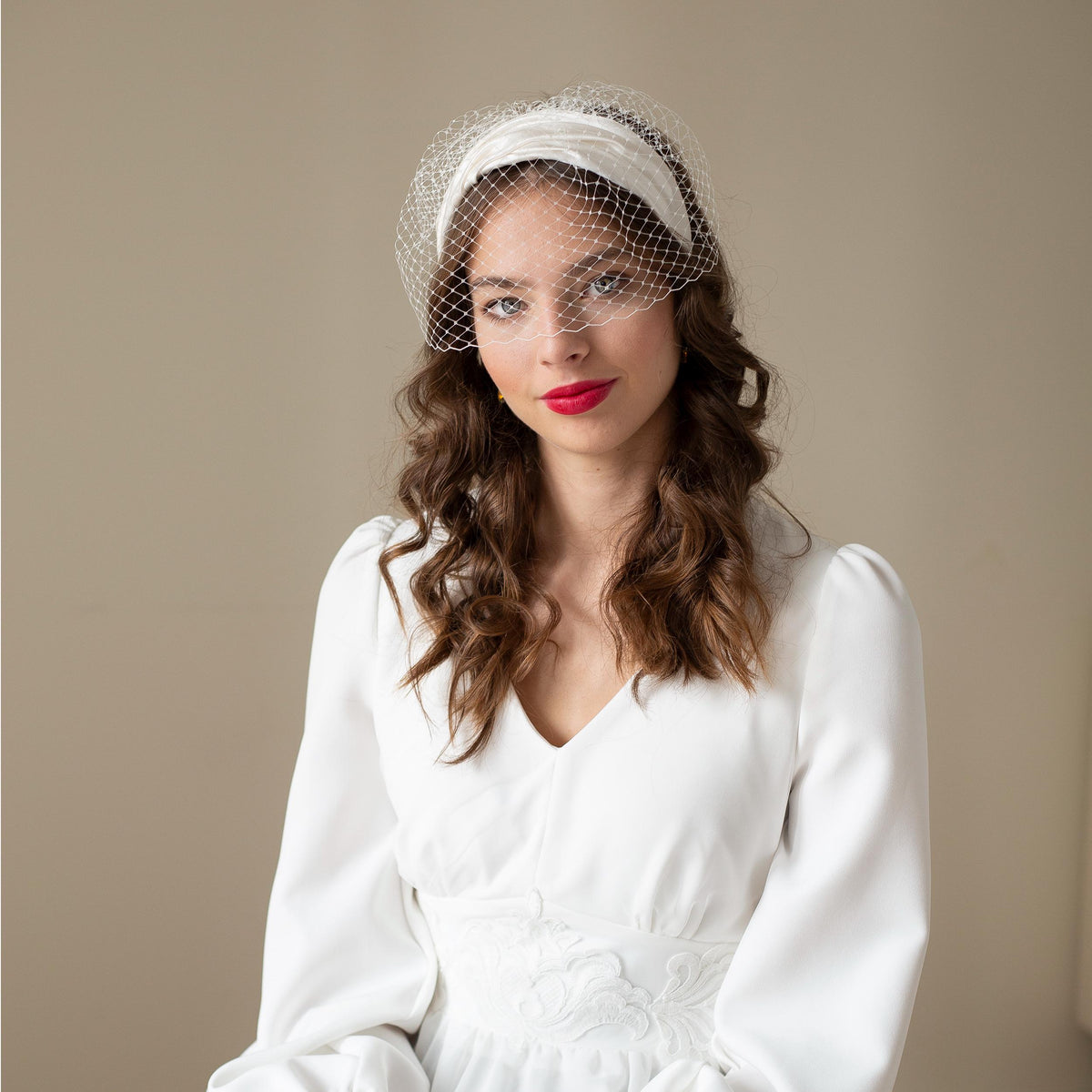 Mid-century style Bridal Headband with Birdcage Veil: Vintage Wedding Headpiece draped in Silk Satin