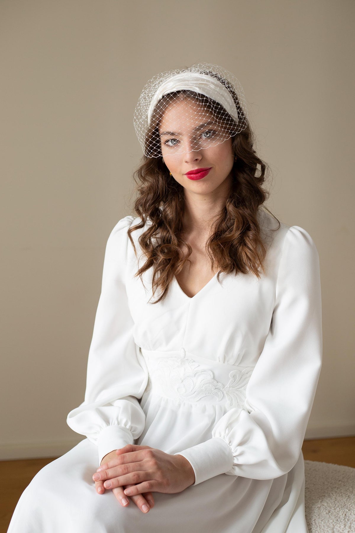 Mid-century style Bridal Headband with Birdcage Veil: Vintage Wedding Headpiece draped in Silk Satin