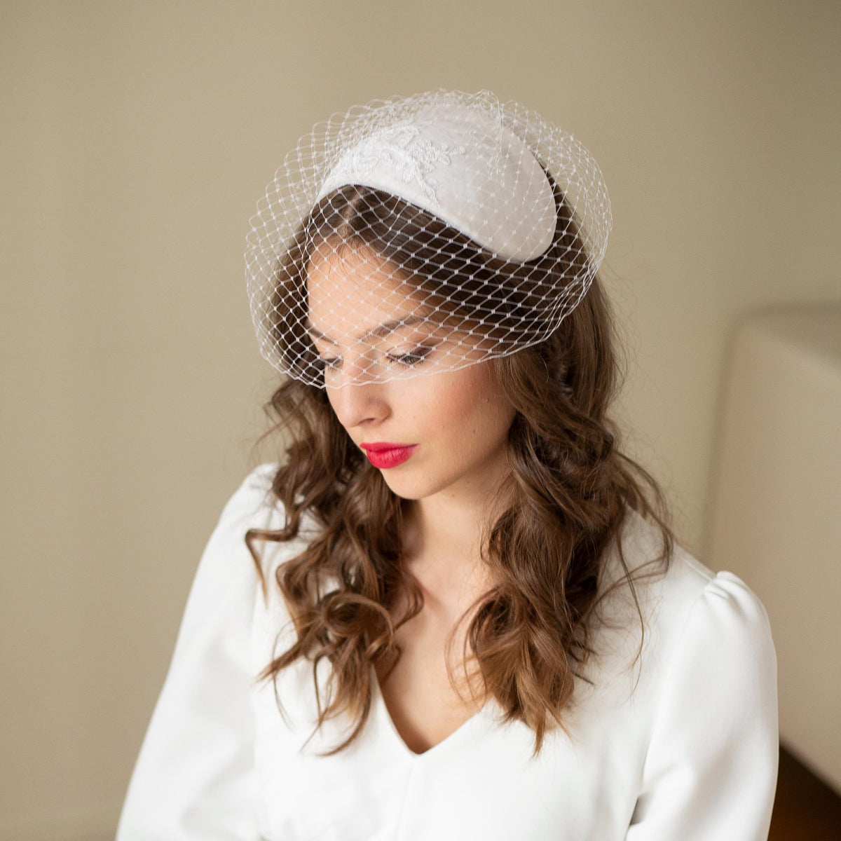 Bridal Juliet Cap: Silk Velvet Wedding Hat with Beaded Lace Birdcage Veil, mid century half hat with removable netting
