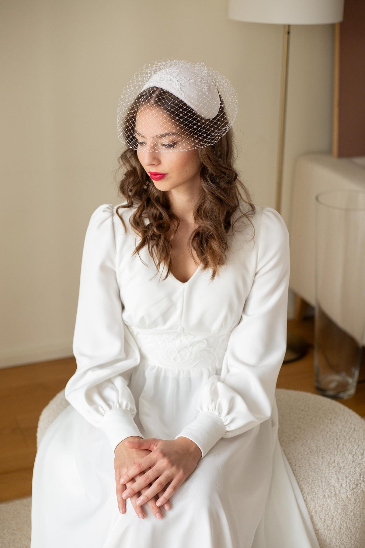 Bridal Juliet Cap: Silk Velvet Wedding Hat with Beaded Lace Birdcage Veil, mid century half hat with removable netting