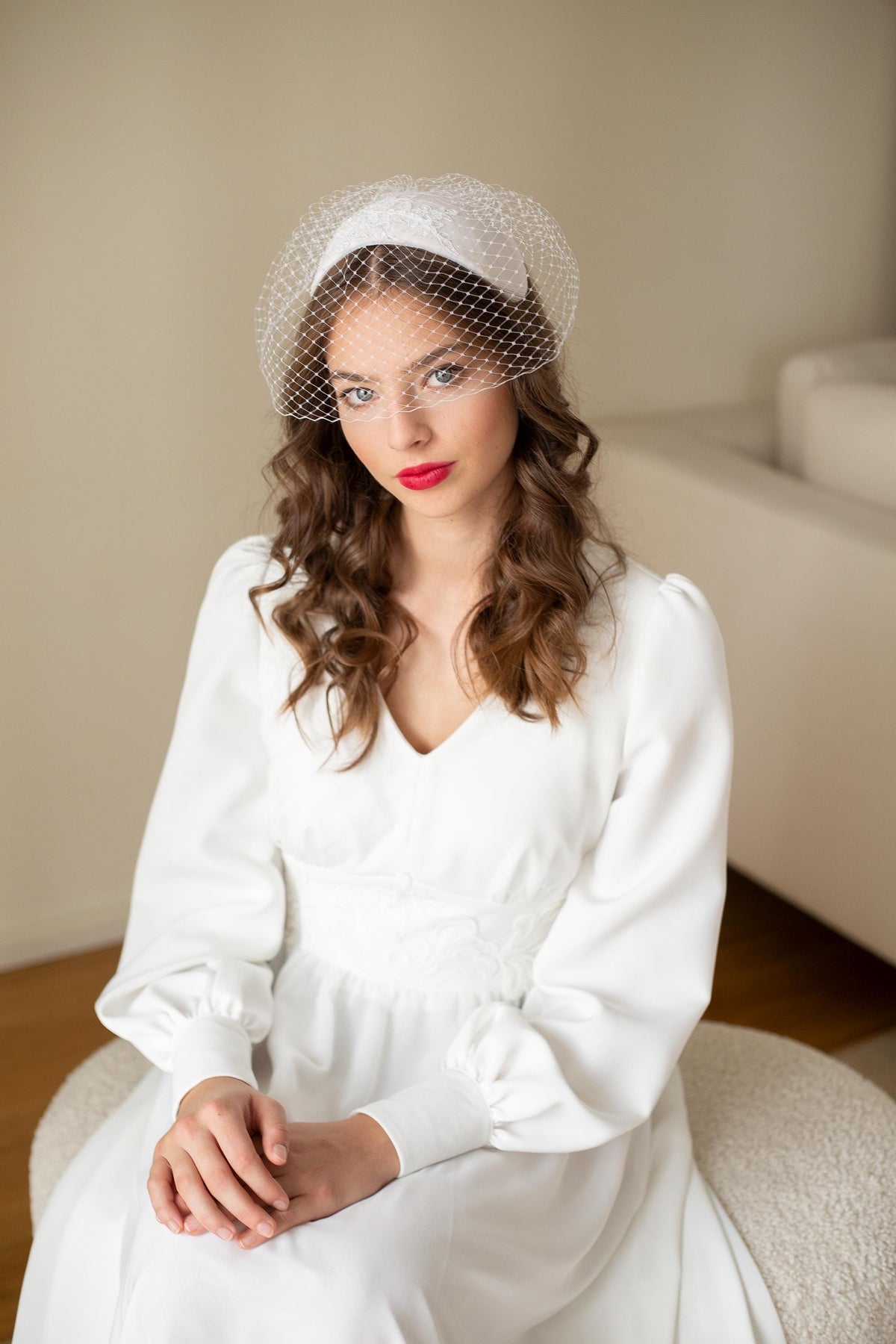 Bridal Juliet Cap: Silk Velvet Wedding Hat with Beaded Lace Birdcage Veil, mid century half hat with removable netting