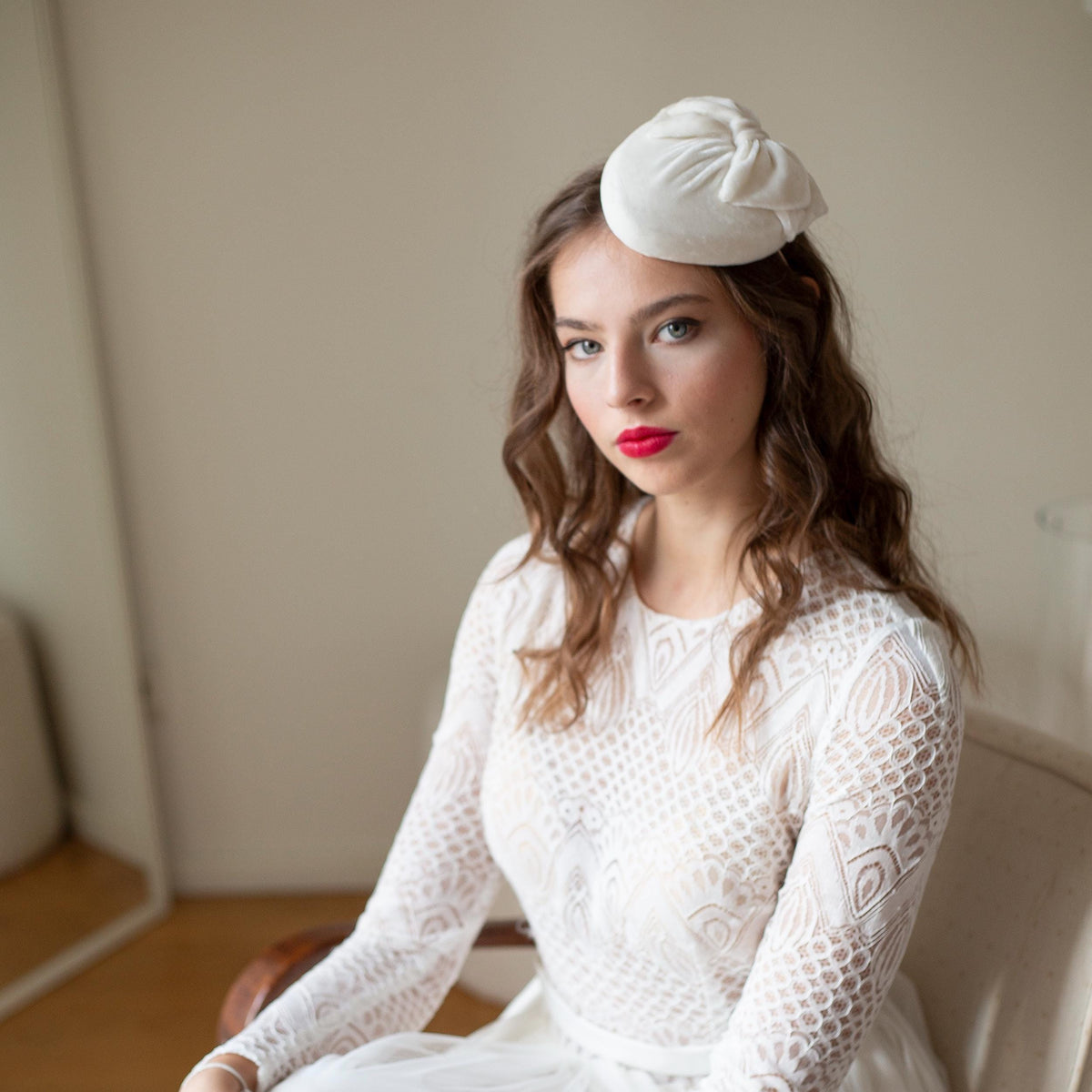 Bridal Ivory Velvet Pillbox Hat with Bow: Handmade Wedding Fascinator