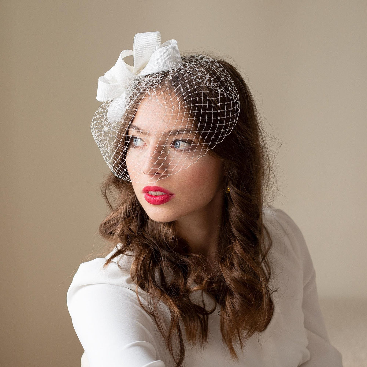 White wedding birdcage with bow headpiece, bridal fascinator, formal headpiece for a bride, civil wedding courthouse netting veil