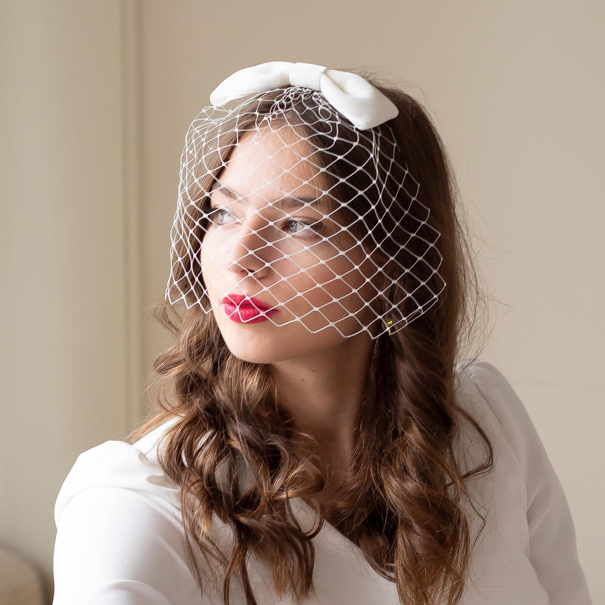 Ivory Velvet Bow Birdcage Veil - Vintage Bridal Hair Accessory