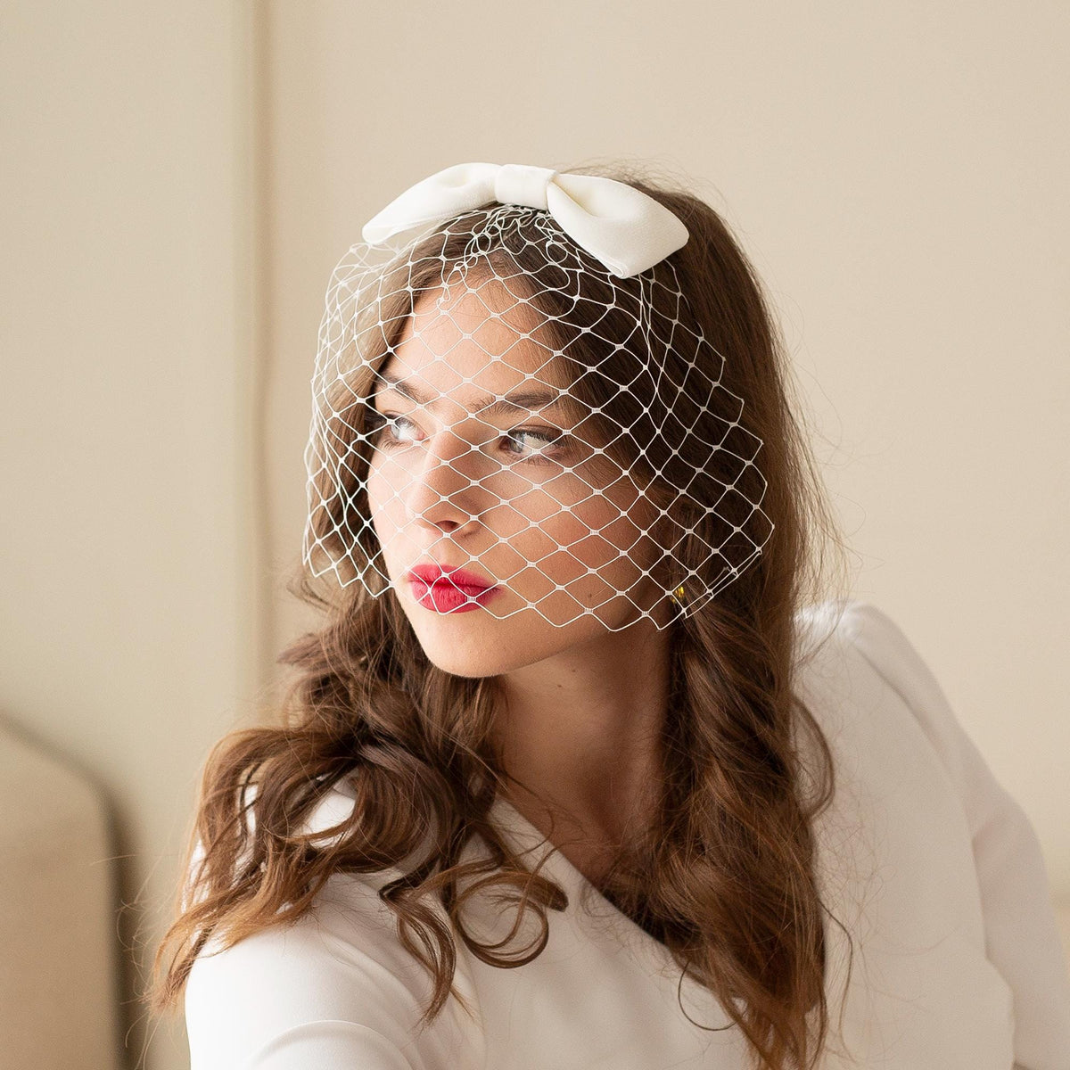 Ivory Velvet Bow Birdcage Veil, Vintage Inspired Hairbow Blusher, Classic Bride Veil, City Hall Wedding