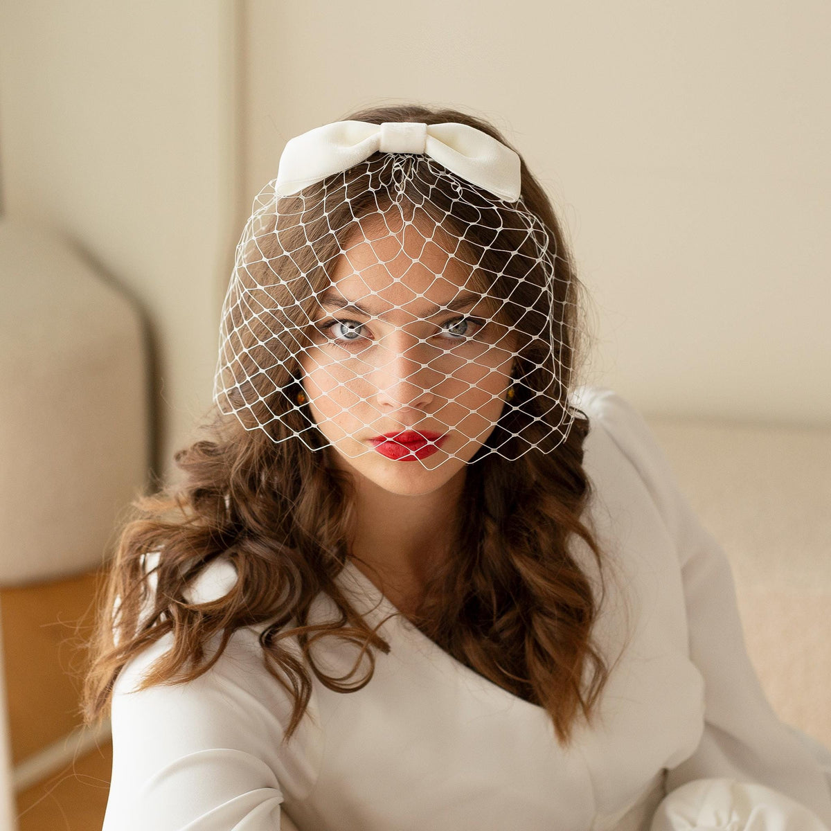 Ivory Velvet Bow Birdcage Veil, Vintage Inspired Hairbow Blusher, Classic Bride Veil, City Hall Wedding
