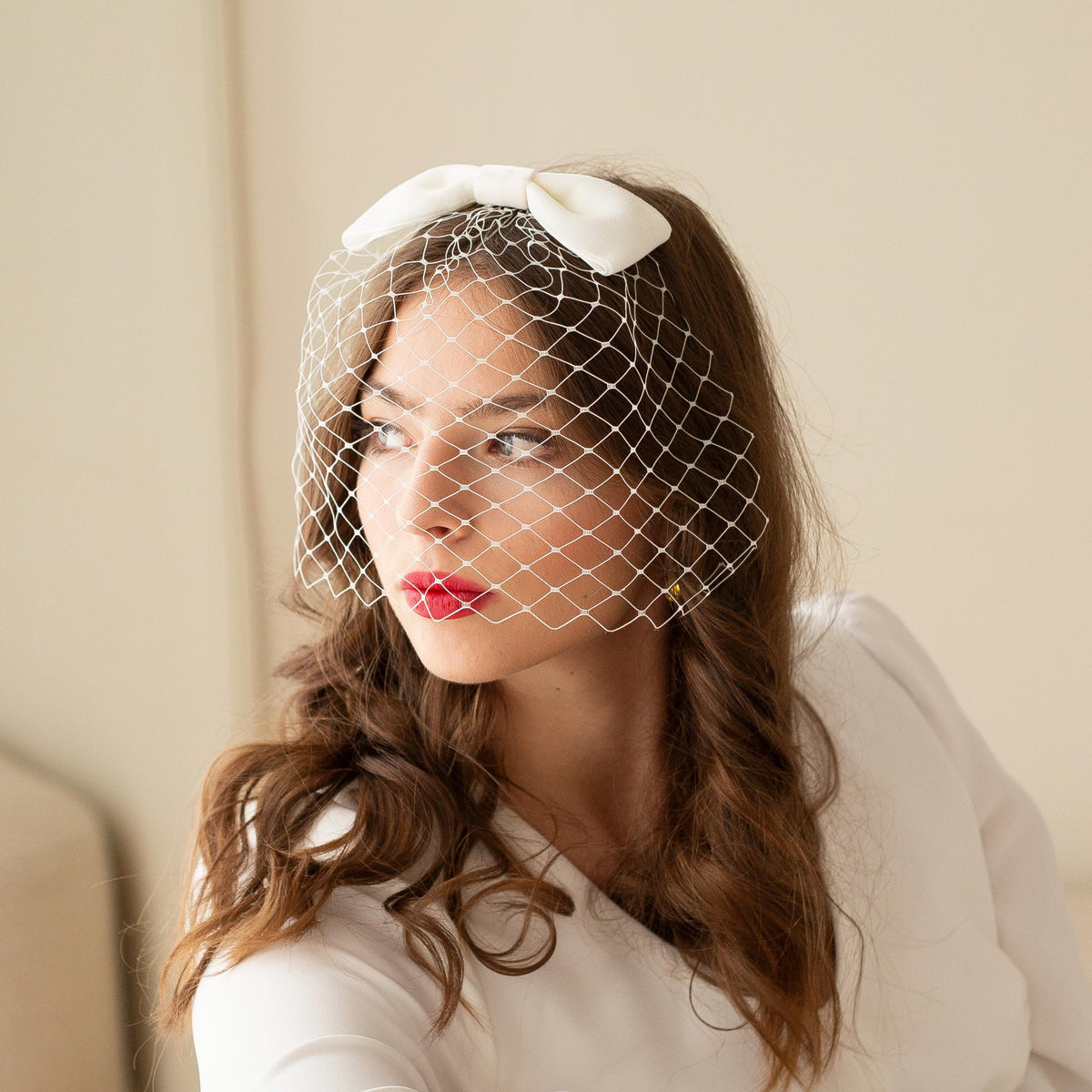 Ivory Velvet Bow Birdcage Veil, Vintage Inspired Hairbow Blusher, Classic Bride Veil, City Hall Wedding