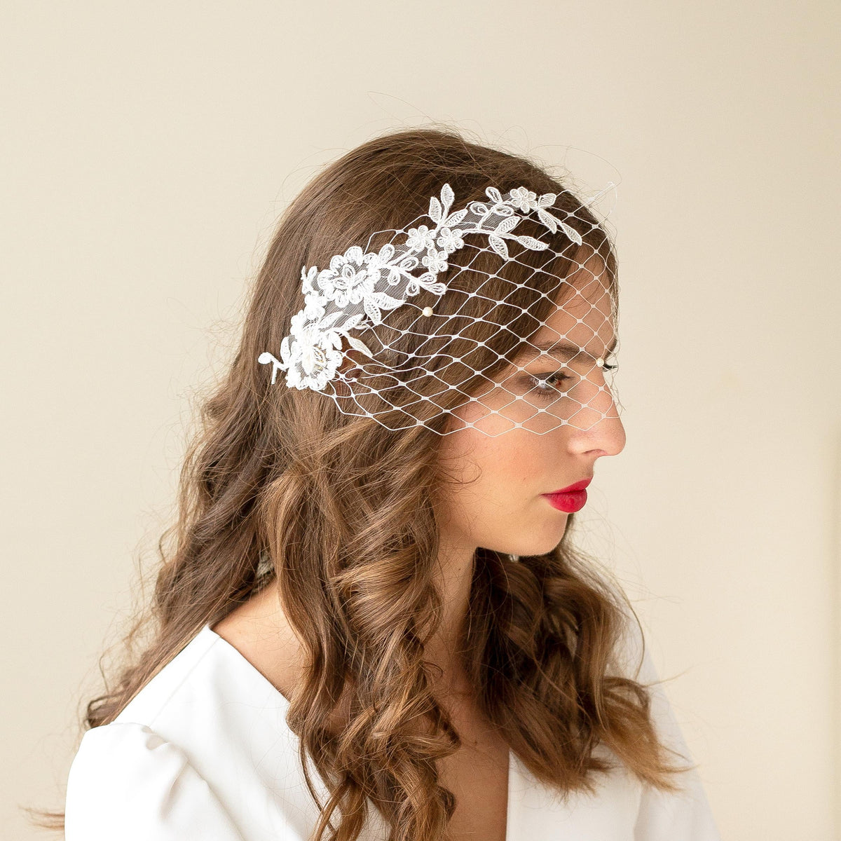 Ivory Lace Bandeau Veil: Floral Wedding Birdcage with Pearls, netting face veil
