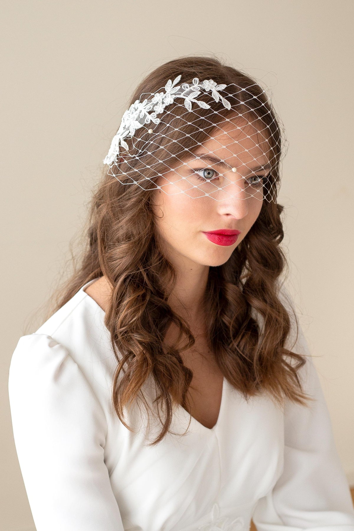 Ivory Lace Bandeau Veil: Floral Wedding Birdcage with Pearls, netting face veil