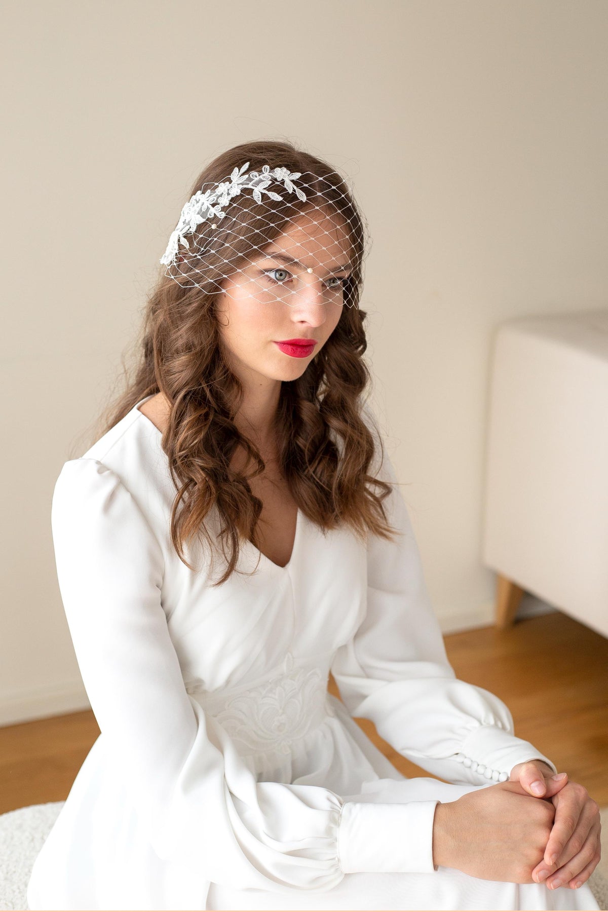 Ivory Lace Bandeau Veil: Floral Wedding Birdcage with Pearls, netting face veil