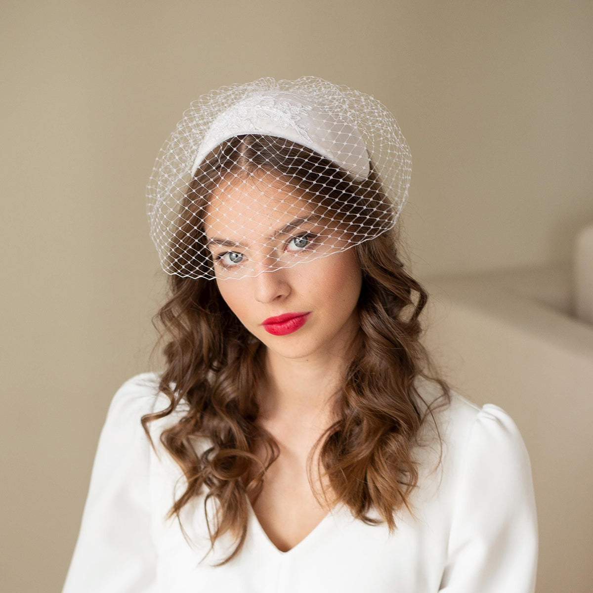 Bridal Juliet Cap: Silk Velvet Wedding Hat with Beaded Lace Birdcage Veil, mid century half hat with removable netting