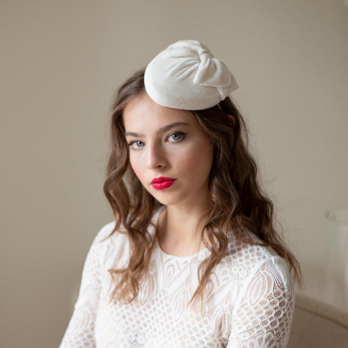 Bridal Ivory Velvet Pillbox Hat with Bow: Handmade Wedding Fascinator