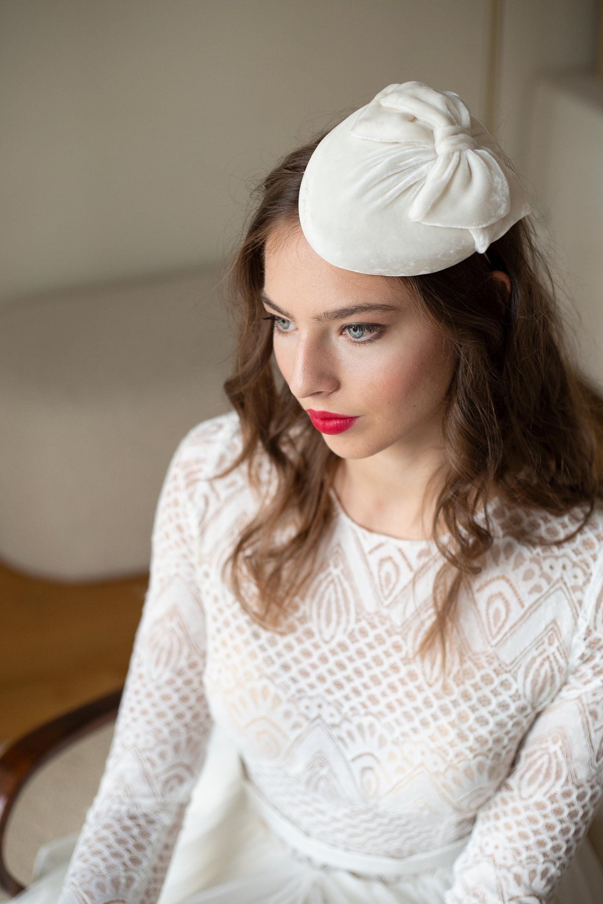 Bridal Ivory Velvet Pillbox Hat with Bow: Handmade Wedding Fascinator