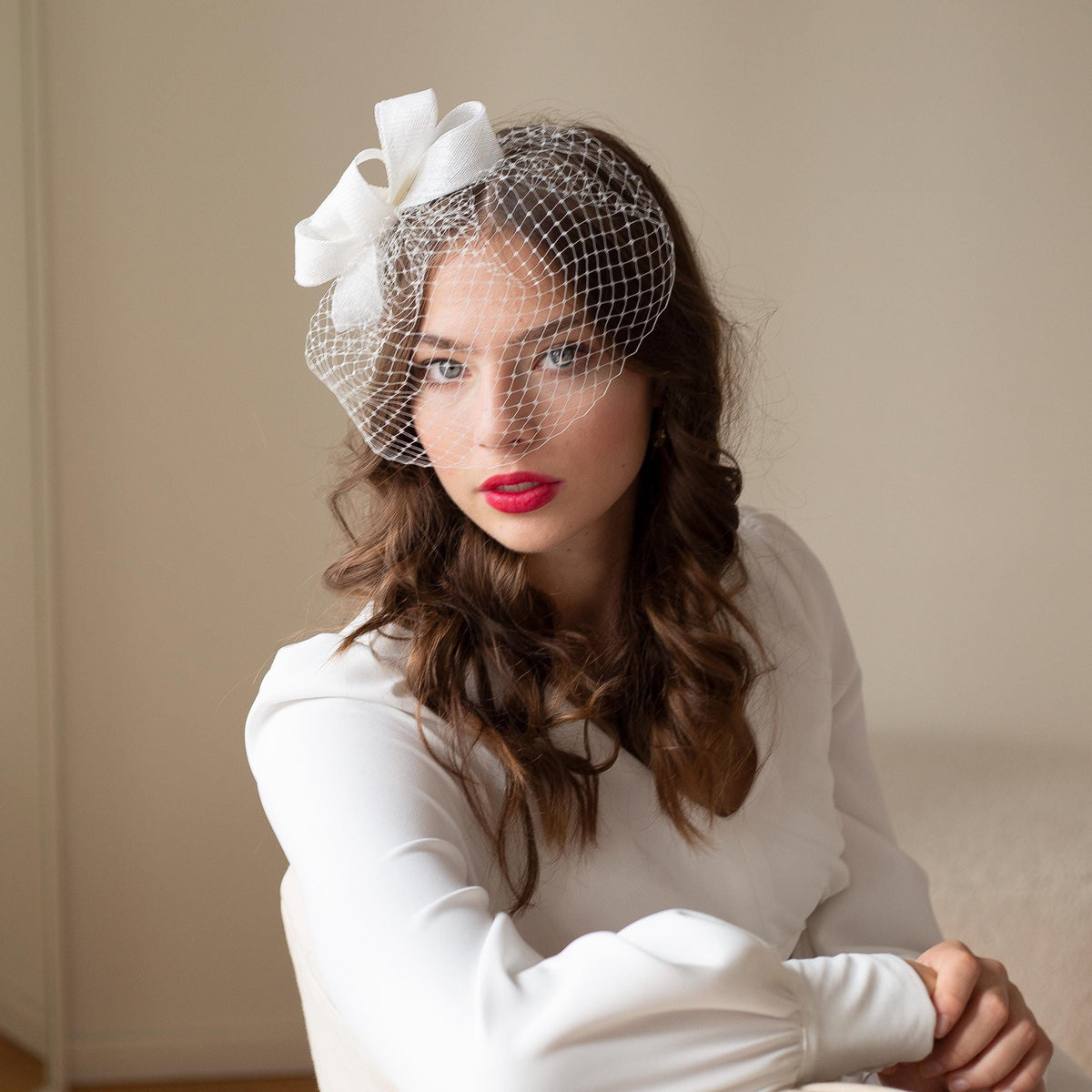 White wedding birdcage with bow headpiece, bridal fascinator, formal headpiece for a bride, civil wedding courthouse netting veil