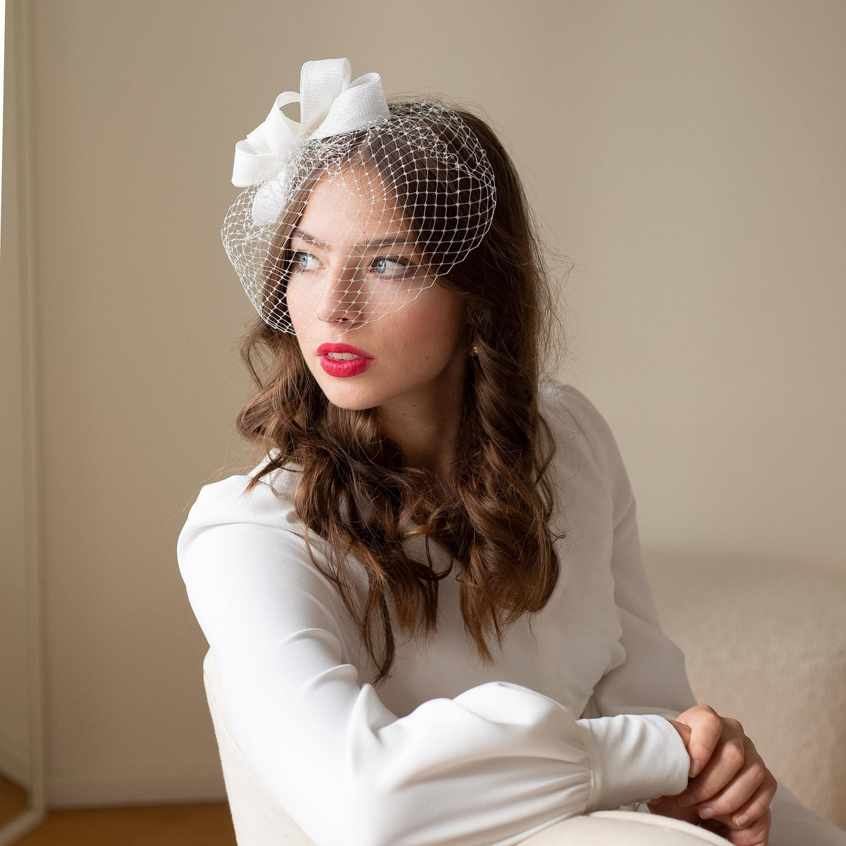 White wedding birdcage with bow headpiece, bridal fascinator, formal headpiece for a bride, civil wedding courthouse netting veil