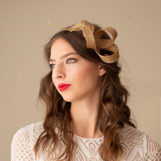 Gold Bow Fascinator: Elegant Swirls Headpiece, Wedding Guest