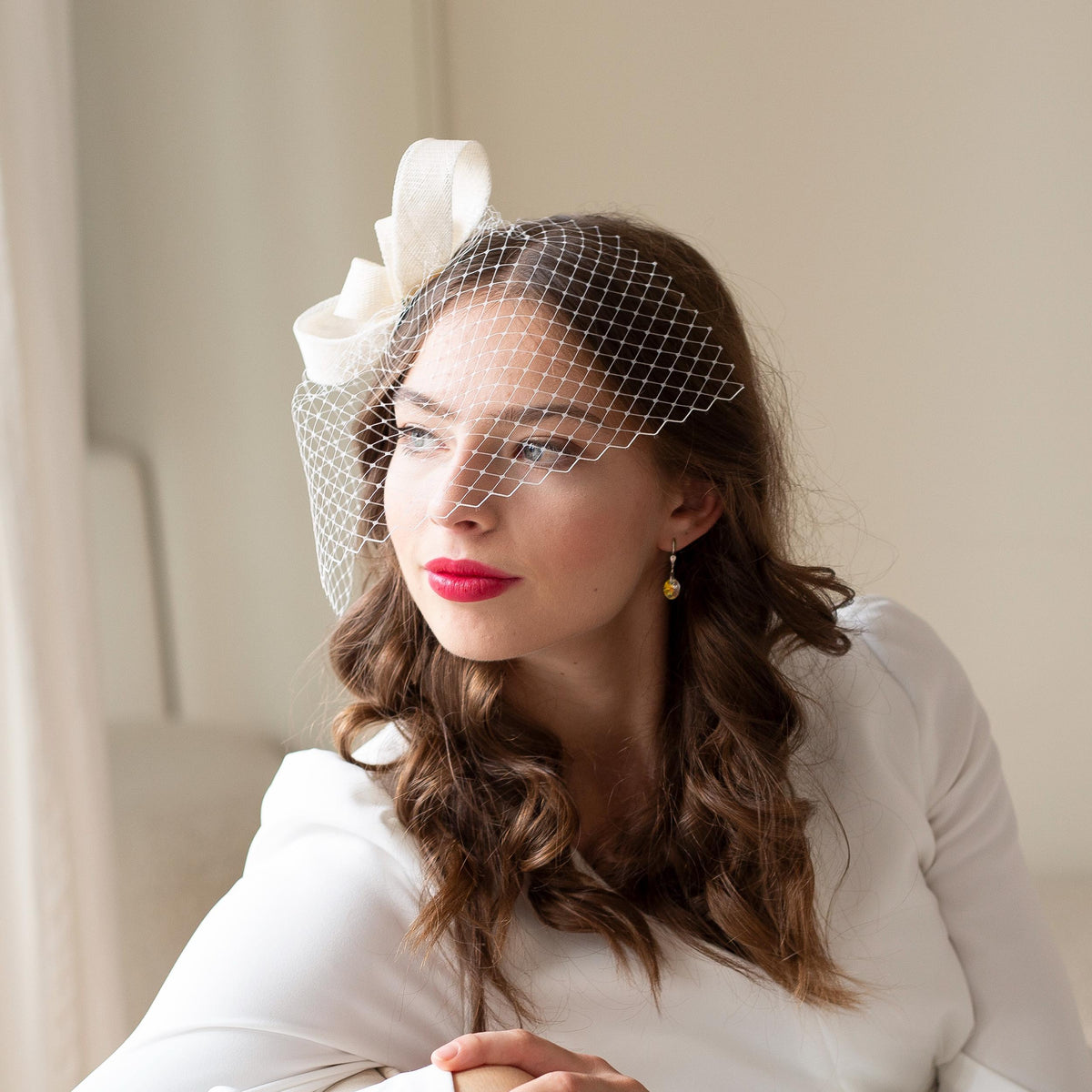 White Bridal Birdcage Veil Fascinator: Minimalist Wedding Headpiece