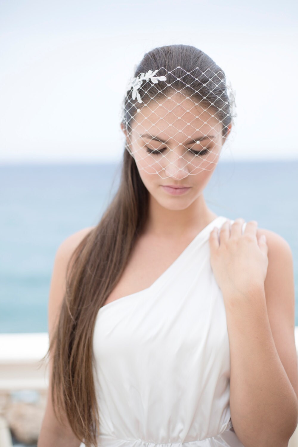 Ivory Lace Bandeau Veil: Floral Wedding Birdcage with Pearls, netting face veil
