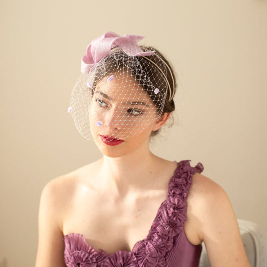 Lilac Swirls Fascinator: Wedding Guest Sculptural Headpiece with Netting Veil