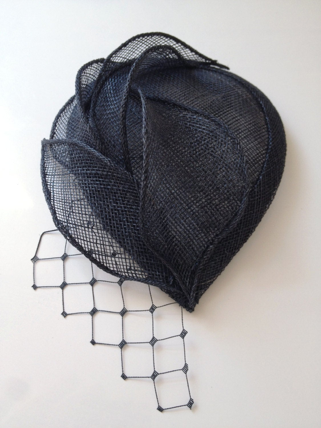 Navy Sinamay Hat, Women Fascinator with Leaves and Netting