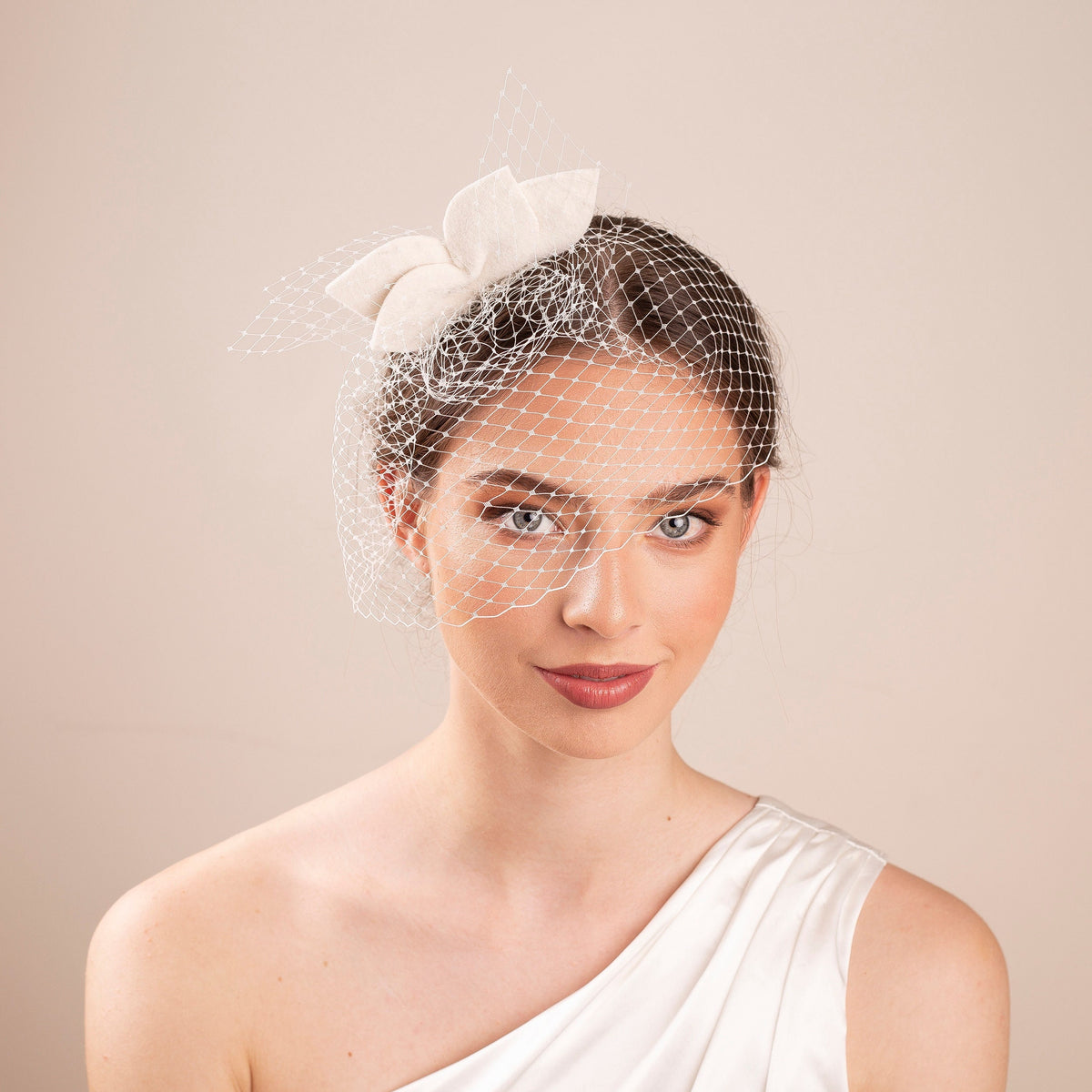 Ivory Felt Leaves Bridal Fascinator with Netting Birdcage Veil, Wedding Face Veil
