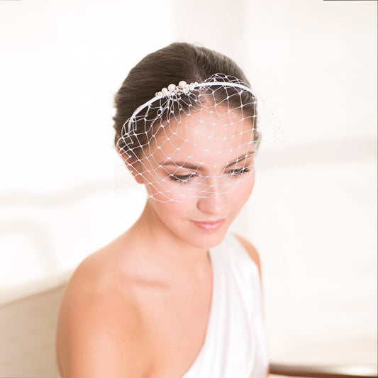 Zarter Schleier im Vogelkäfig-Stil mit Swarovski-Perlen und -Kristallen, perlenbesetzter Brautschleier auf einem Haarband, perlenbesetztes Braut-Haarband mit Schleier