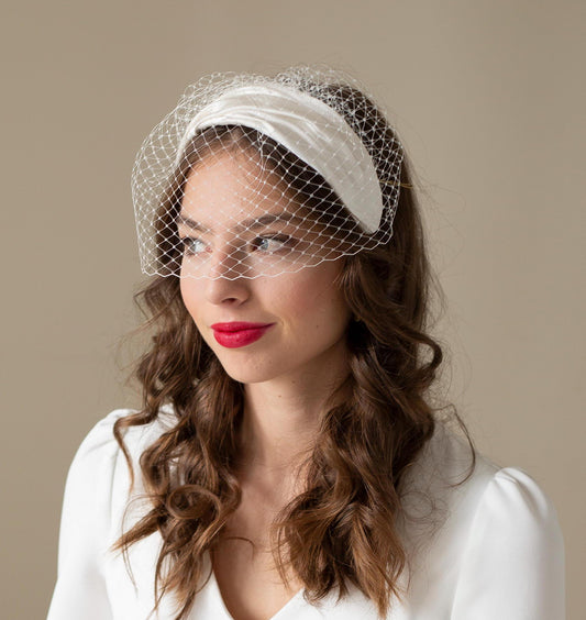 Mid-century style Bridal Headband with Birdcage Veil: Vintage Wedding Headpiece draped in Silk Satin