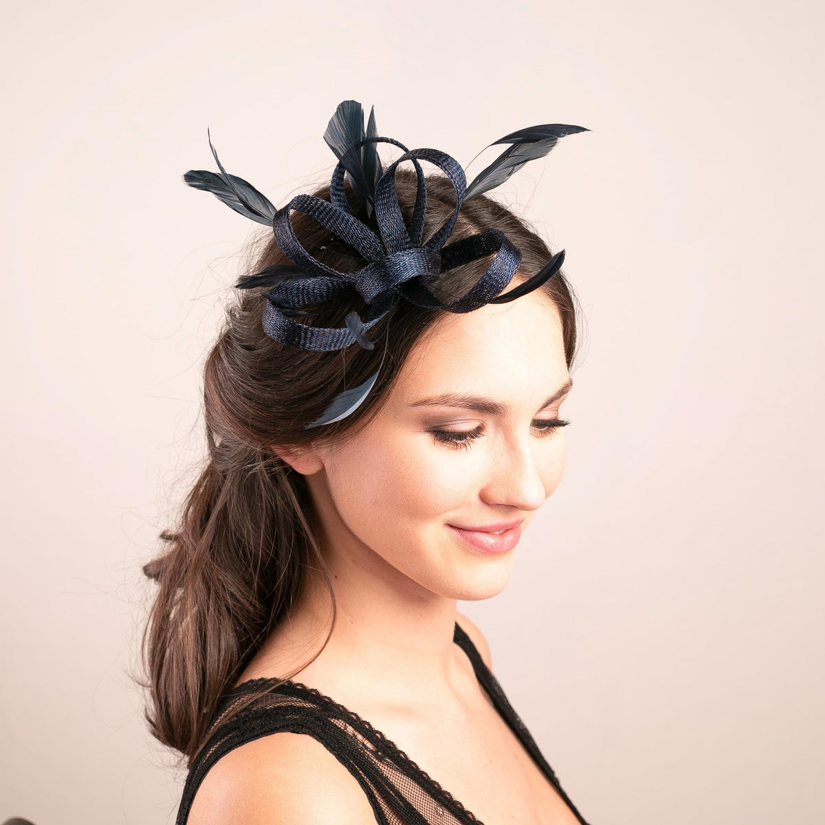 Navy Feather Fascinator, Wedding Guest Headpiece with long Feathers on Clip