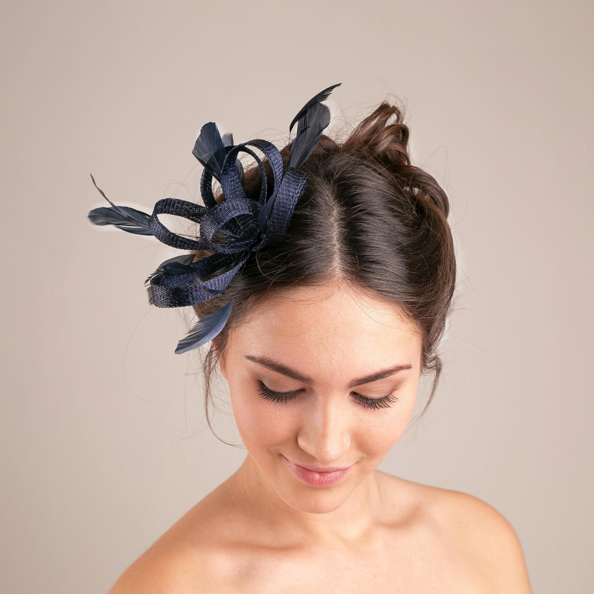 Navy Feather Fascinator, Wedding Guest Headpiece with long Feathers on Clip