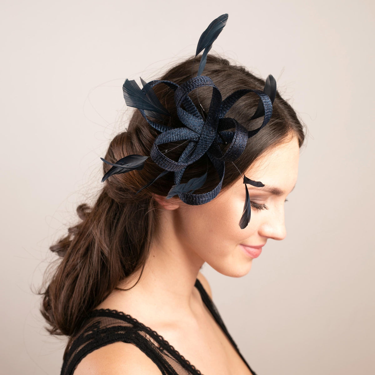 Navy Feather Fascinator, Wedding Guest Headpiece with long Feathers on Clip