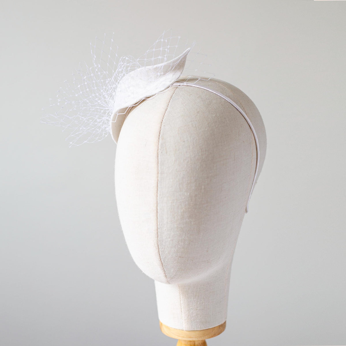 White Felt Leaf Bridal Headpiece: Veiled Wedding Fascinator with Netting on headband
