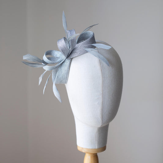 Metallic Silver Bow Fascinator, Wedding Headpiece with Silver Feathers, Formal Feather Hairpiece