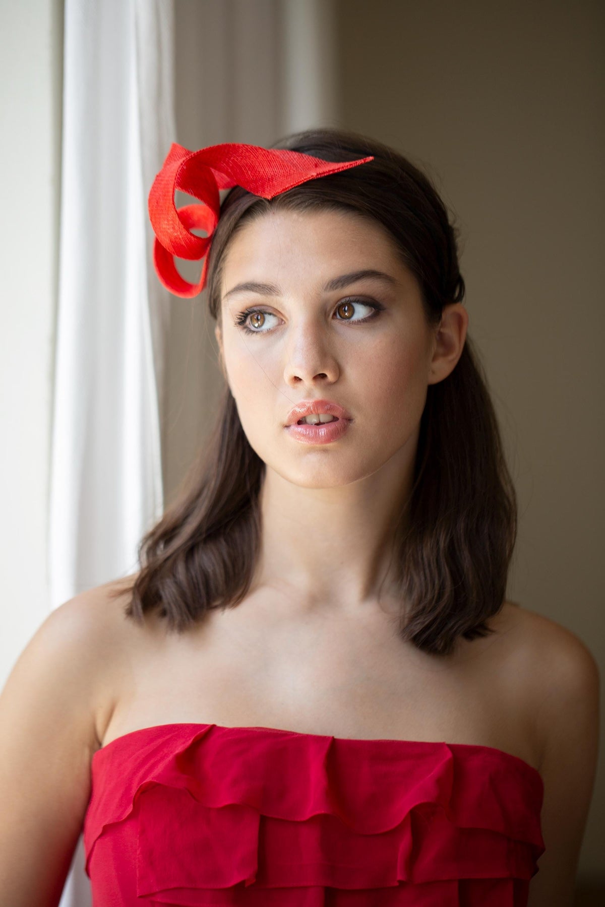 Red Swirl Sinamay Fascinator: Wedding Guest Headpiece