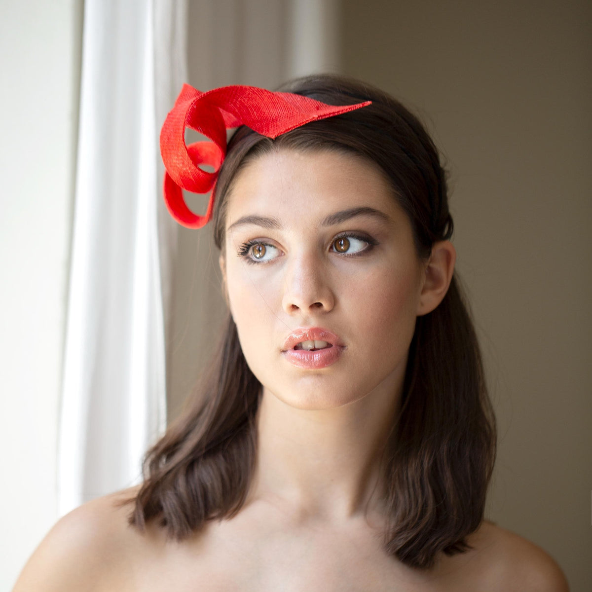Red Swirl Sinamay Fascinator: Wedding Guest Headpiece
