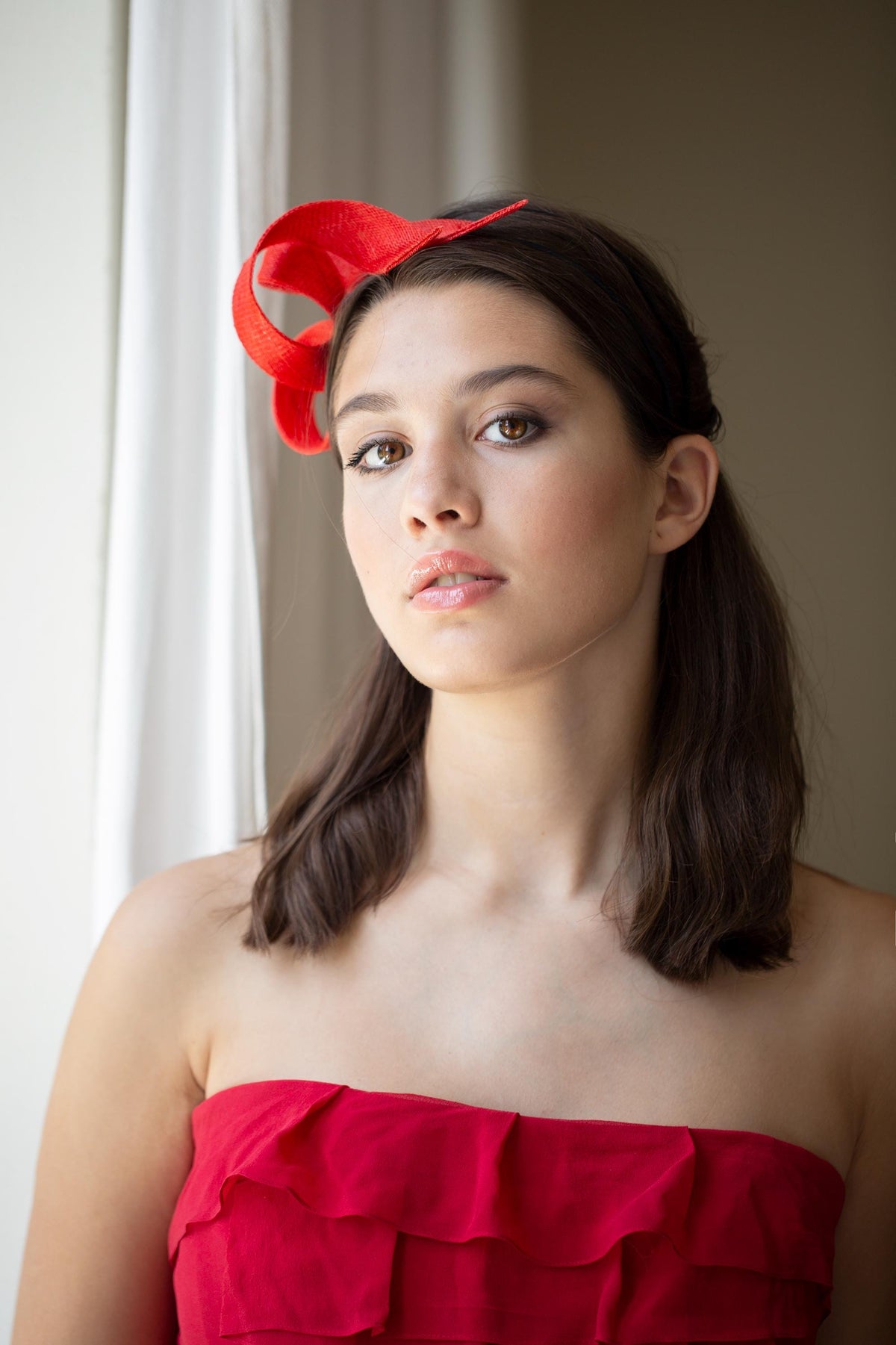 Red Swirl Sinamay Fascinator: Wedding Guest Headpiece