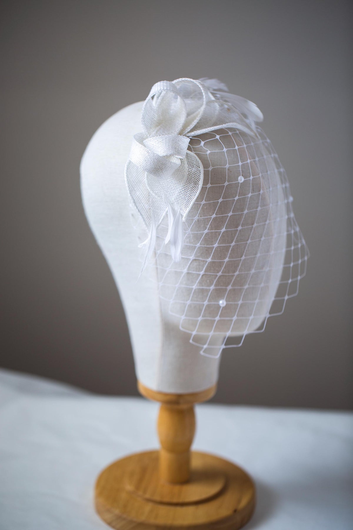 Bridal Birdcage Veil Fascinator: White Sinamay Leaves, Pearl Accents, detachable netting