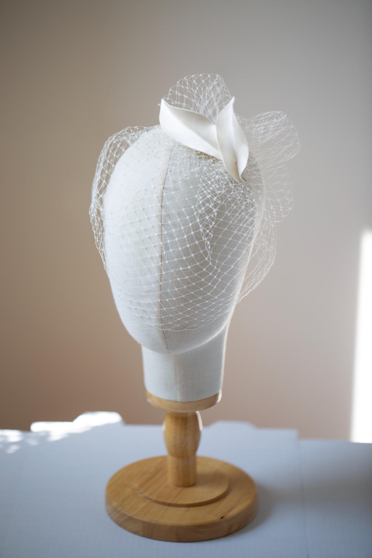 Ivory Birdcage Veil Fascinator for Brides – Silk Satin Petals Headpiece