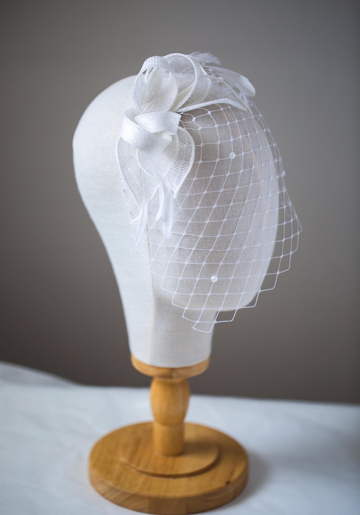 Bridal Birdcage Veil Fascinator: White Sinamay Leaves, Pearl Accents, detachable netting