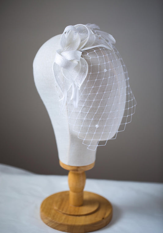 Bridal Birdcage Veil Fascinator: White Sinamay Leaves, Pearl Accents, detachable netting