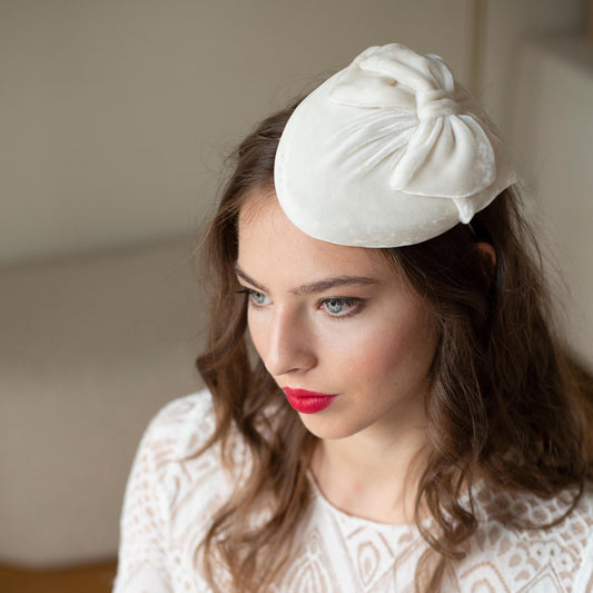 Bridal Ivory Velvet Pillbox Hat with Bow: Handmade Wedding Fascinator