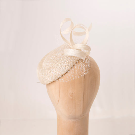Ivory Bridal Pillbox Hat: Veiled Cocktail Millinery Fascinator with Sculptural Swirls