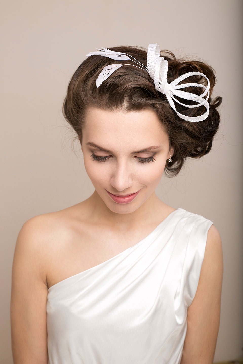 Bridal Bow Fascinator: Feather Wedding Headpiece, Civil Wedding, Courthouse Bride