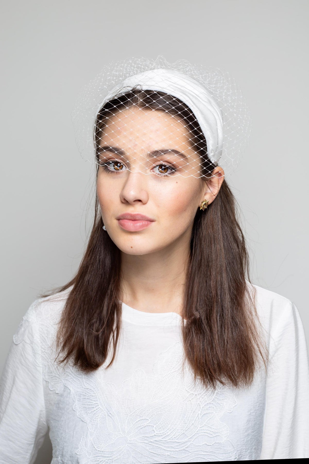 Wide Headband with Bridal Birdcage Veil, Vintage style silk draped Wedding Headpiece with detachable netting