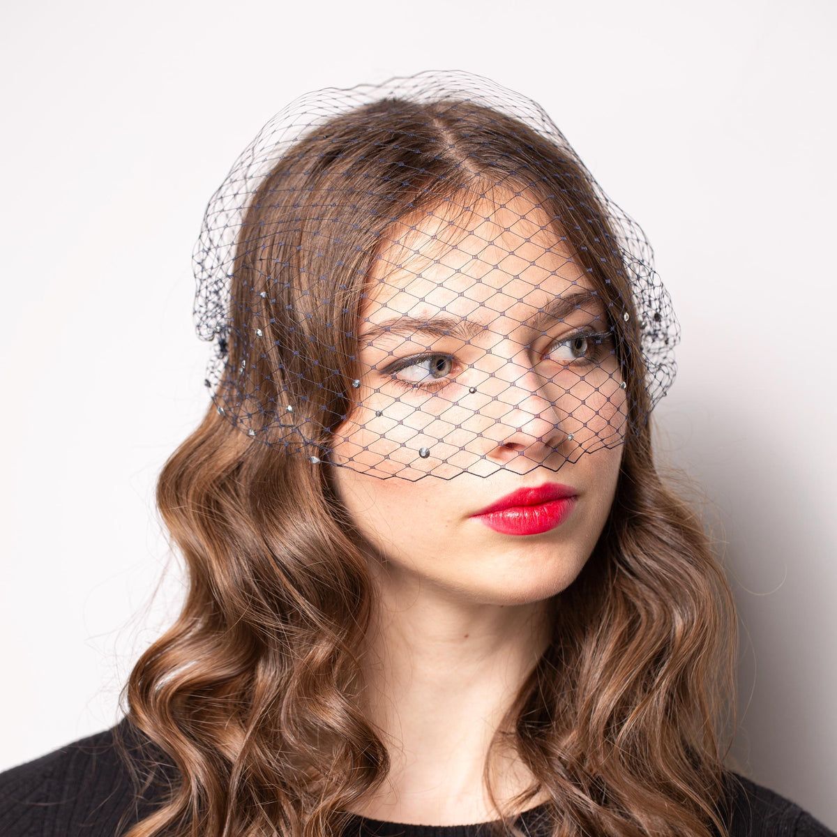 Birdcage Veil in Dark Navy with Rhinestones Netting Birdcage for occasions, parties, mourning Face Veil – Detachable Veil in 1920s Style