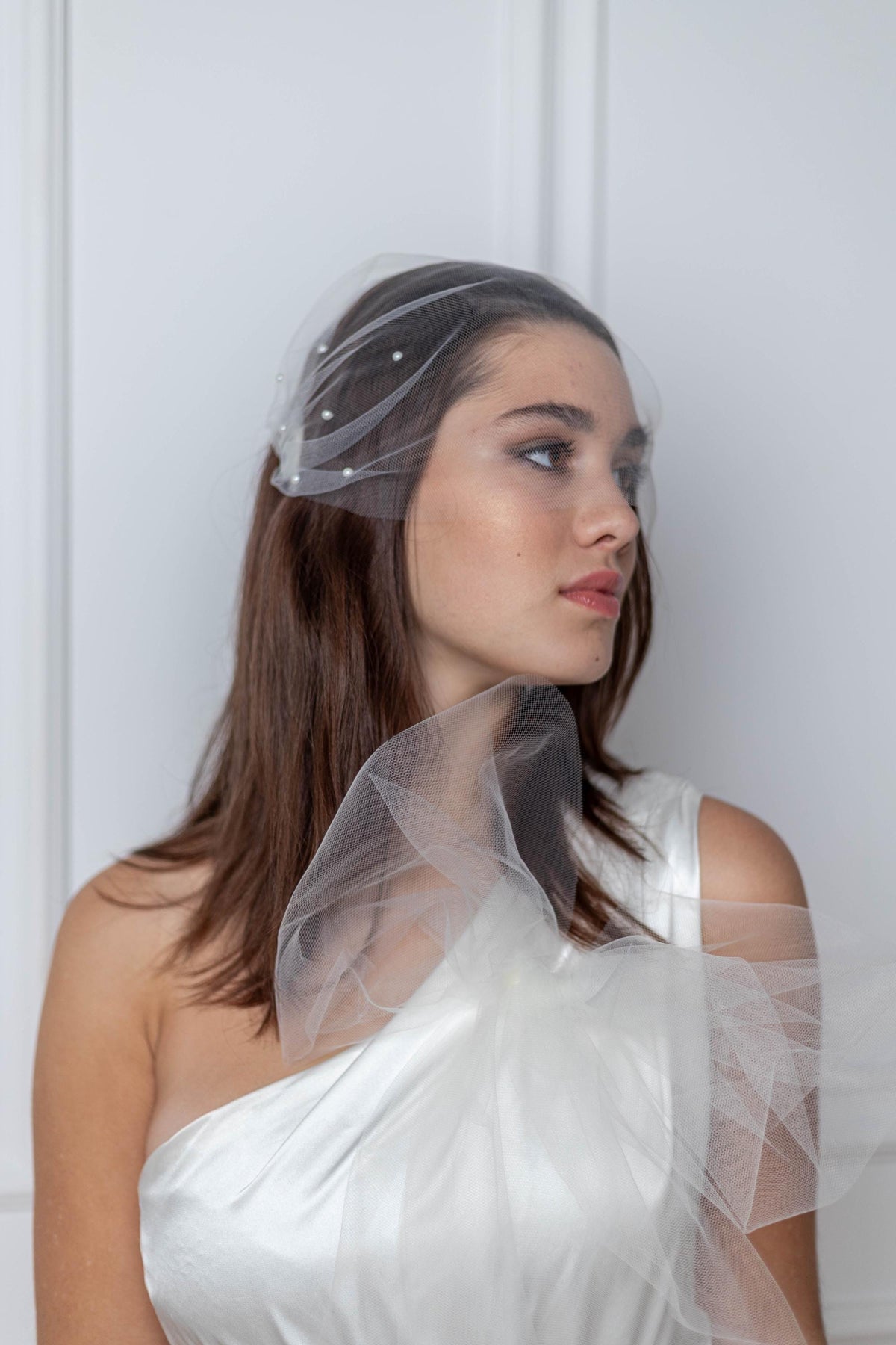 Mini Tulle Birdcage Veil, Nose-Length Bridal Bandeau, Scattered Pearls Tulle Wedding Veil