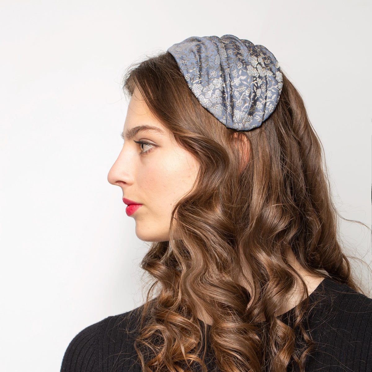 Grey - Silver Draped Ladies Hat: Old Hollywood Style Half Hat, mid-century glamorous headpiece