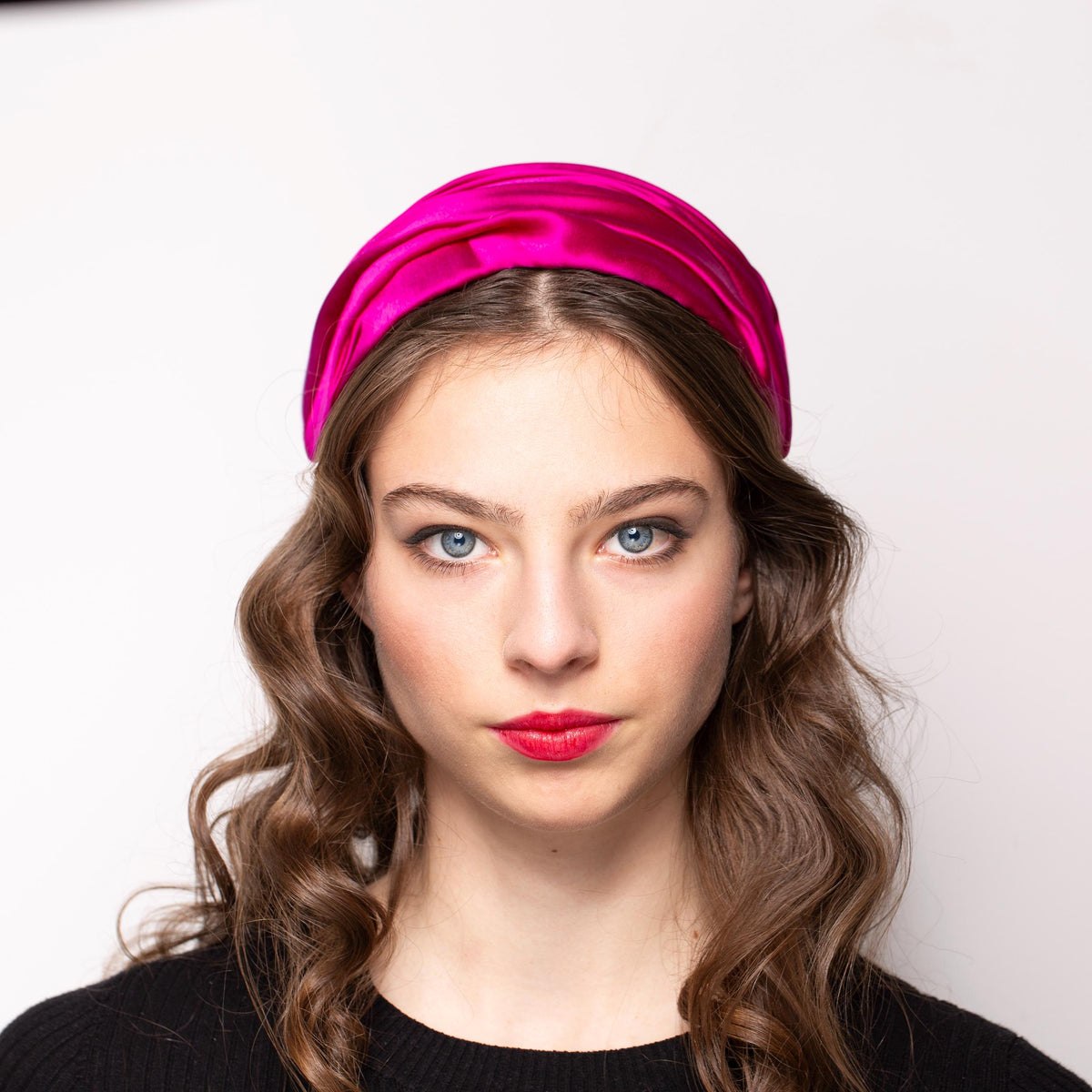 Silk Satin Draped Ladies Hat in Fuchsia Pink, Old Hollywood Style Half Hat, mid-century glamorous headpiece