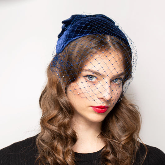 Occasion Headpiece in Blue Silk Velvet, Mid century Cap Hat for Wedding, Formal Event, Old Hollywood style rear worn half hat