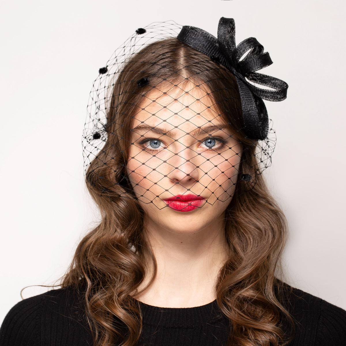Black Bow Fascinator with Detachable Birdcage Veil, Statement Evening Couture Headpiece