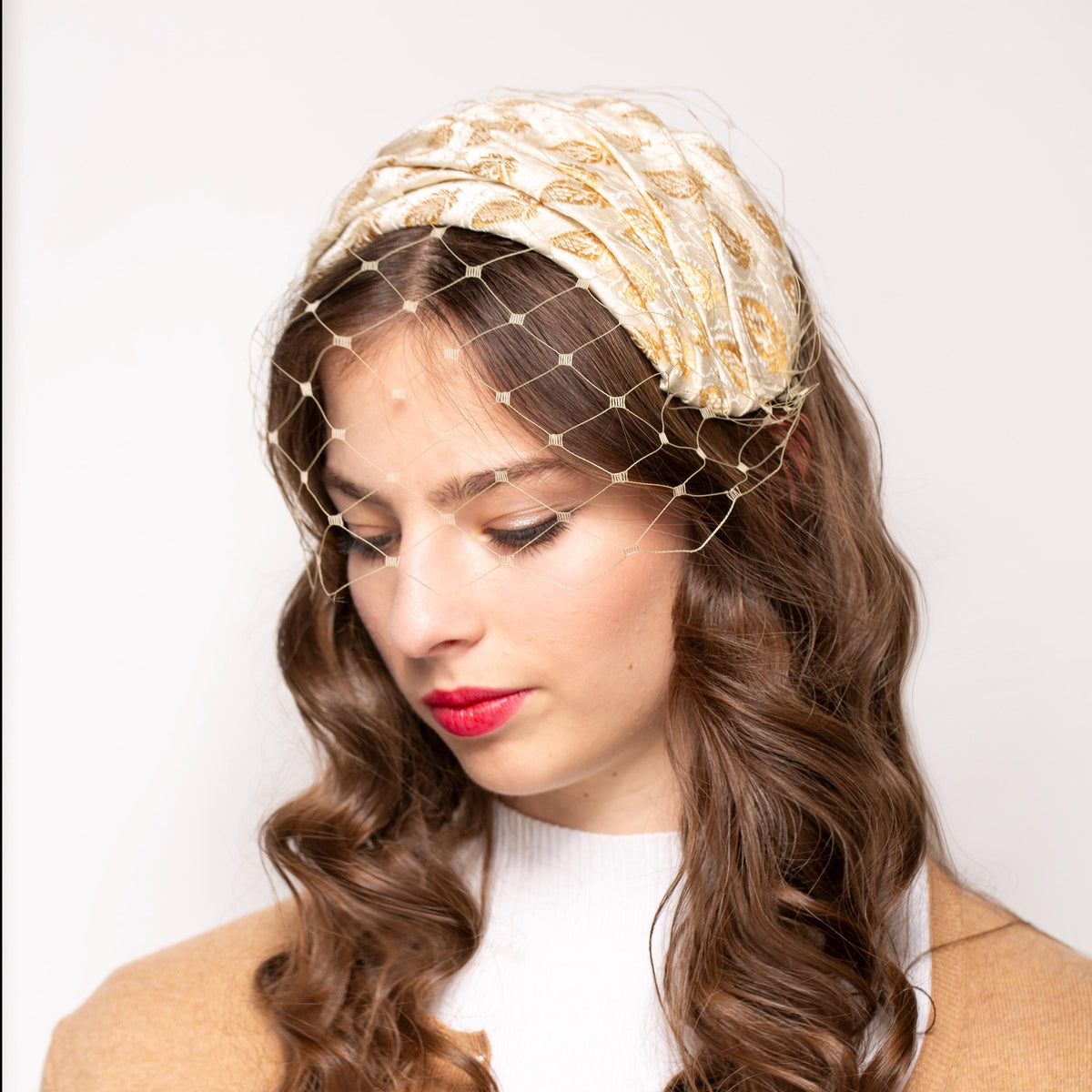 Mid-century Gold-Beige Cap Hat with Removable Face Veil, Old Hollywood Glamour Half Hat with Netting